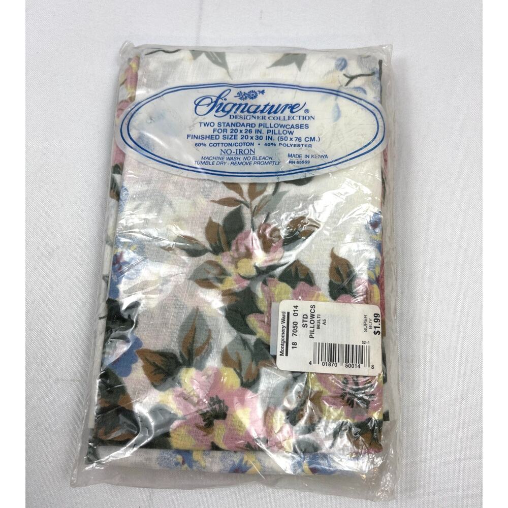 Signature Floral Standard Pillowcases• Set of 2 NOS •Pink•Blue•Yellow 1980s/90s